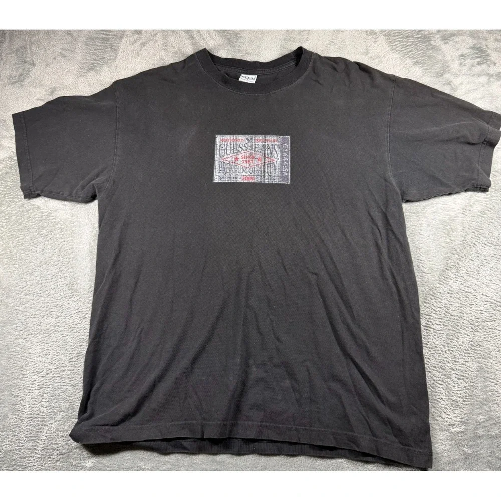 Vtg 90s Guess Jeans T Shirt Men's L Black Made USA Faded Graphic